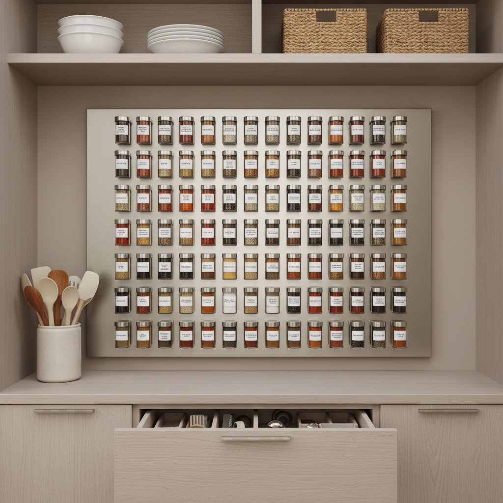 Magnetic spice jars mounted on a metal board away from stove heat