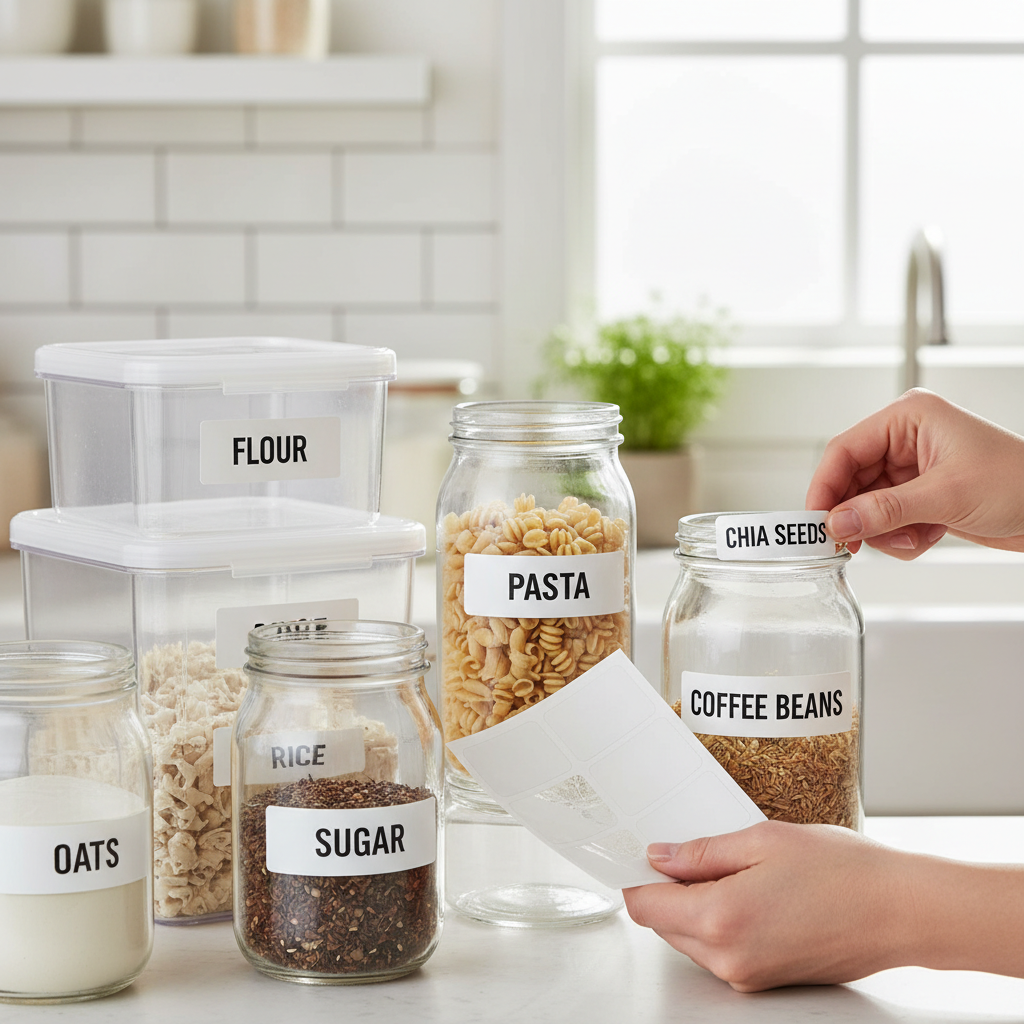 Close-up of waterproof pantry labels on glass and plastic containers