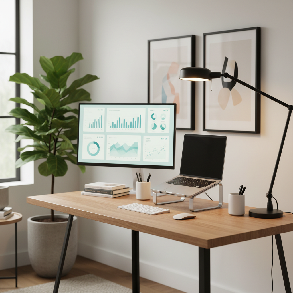 Home office desk setup showing task lamp placement and reduced screen glare