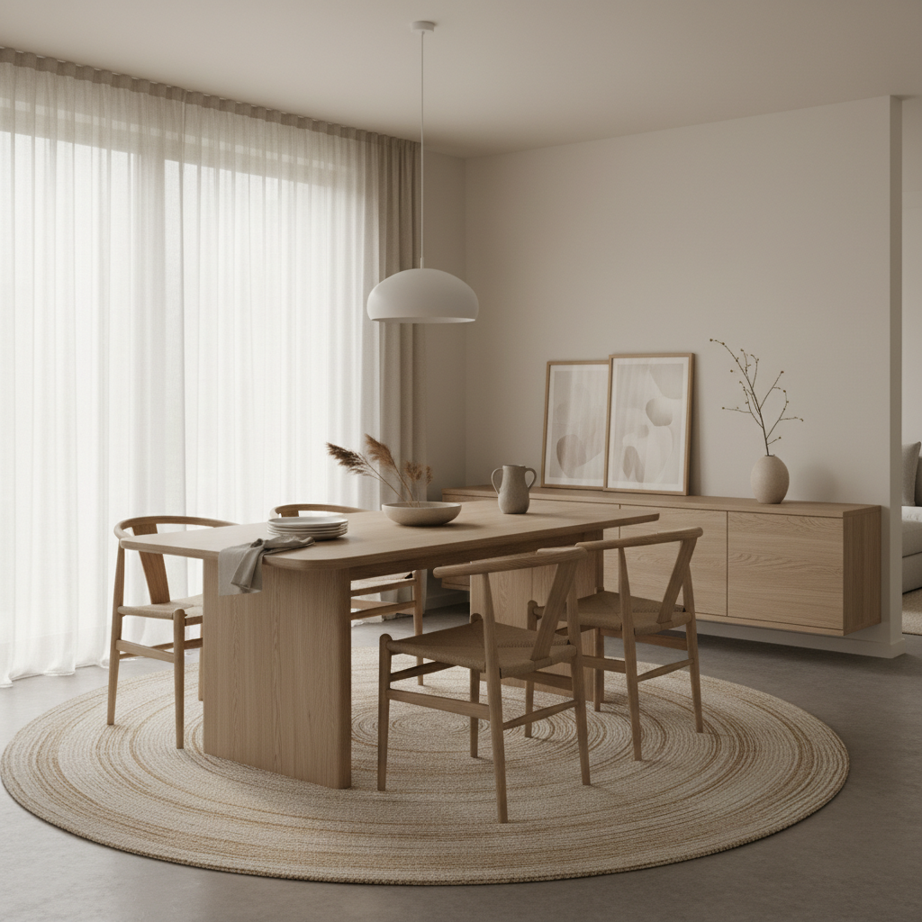 Modern Scandinavian dining room with light wood table and neutral walls