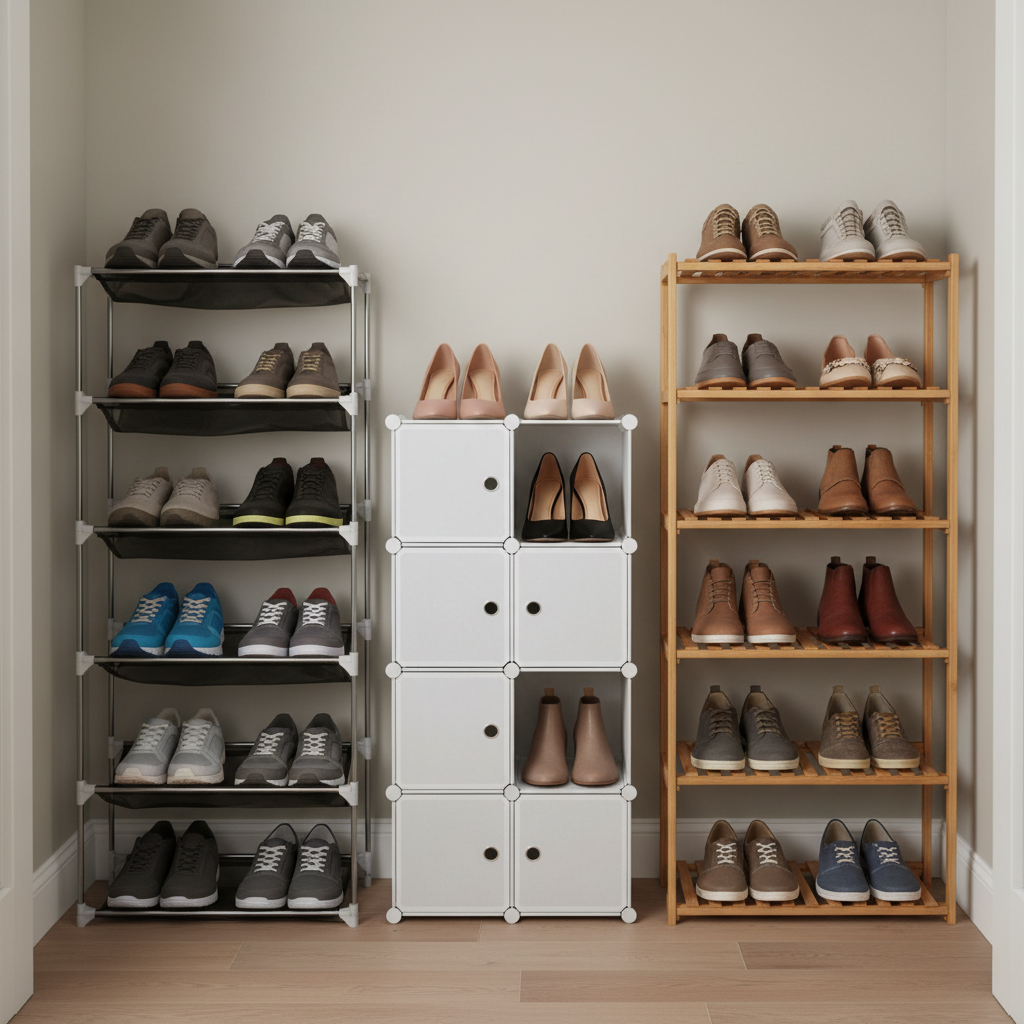 Different stackable shoe rack materials metal plastic bamboo compared in a closet
