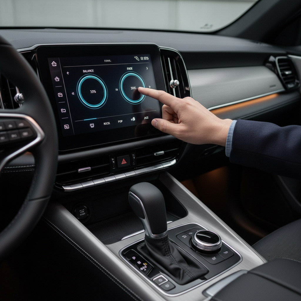 Testing car radio static by switching sources and adjusting balance and fade