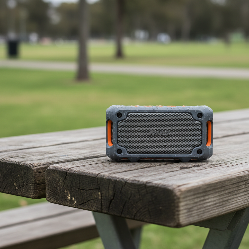 Portable speaker on a picnic table outdoors with water resistance and rugged design