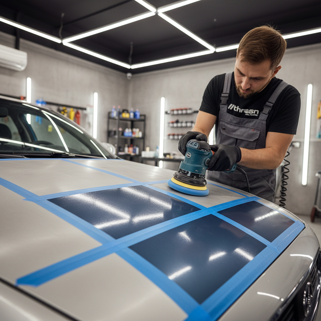 Car detailer doing a test spot polish on a faded hood with a dual action polisher