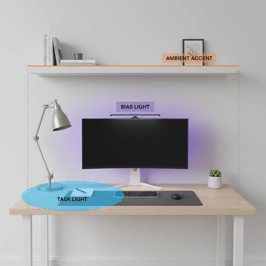 Simple desk lighting plan diagram showing task light, bias light, and ambient light zones