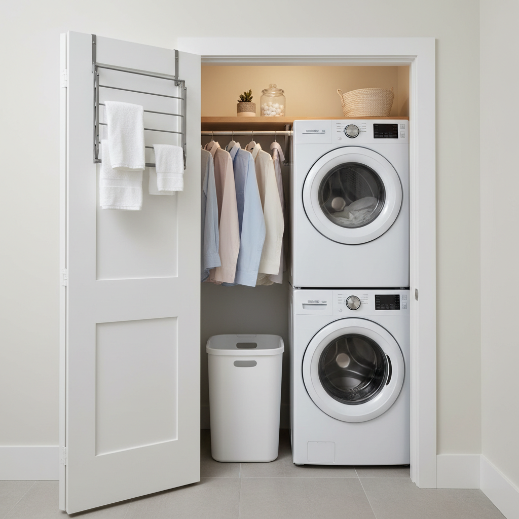 Over-the-door drying rack holding lightweight shirts in a narrow laundry closet