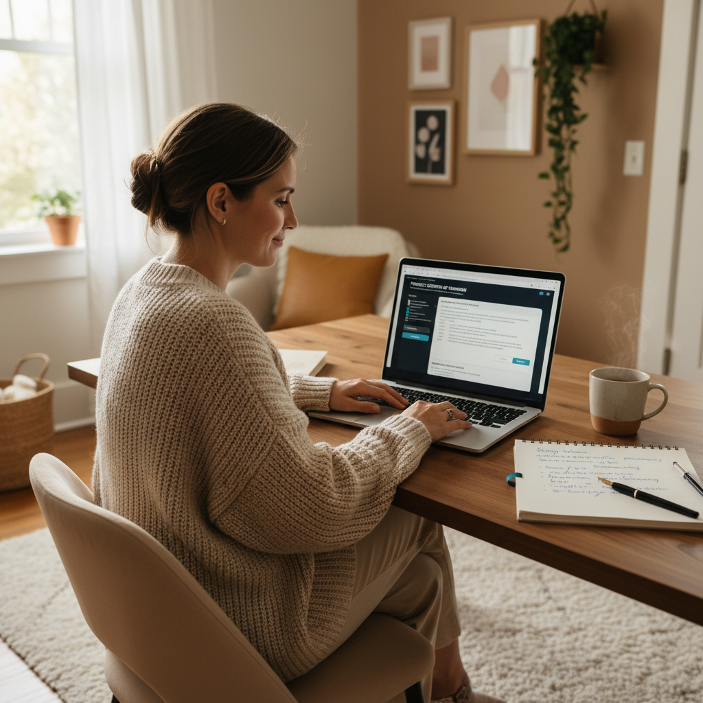 Person using an AI story generator on a laptop with creative writing notes