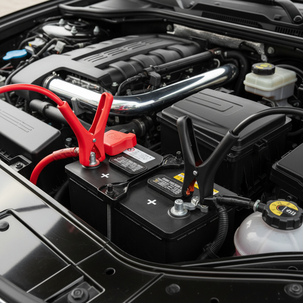 Close-up of car battery terminals and correct clamp placement