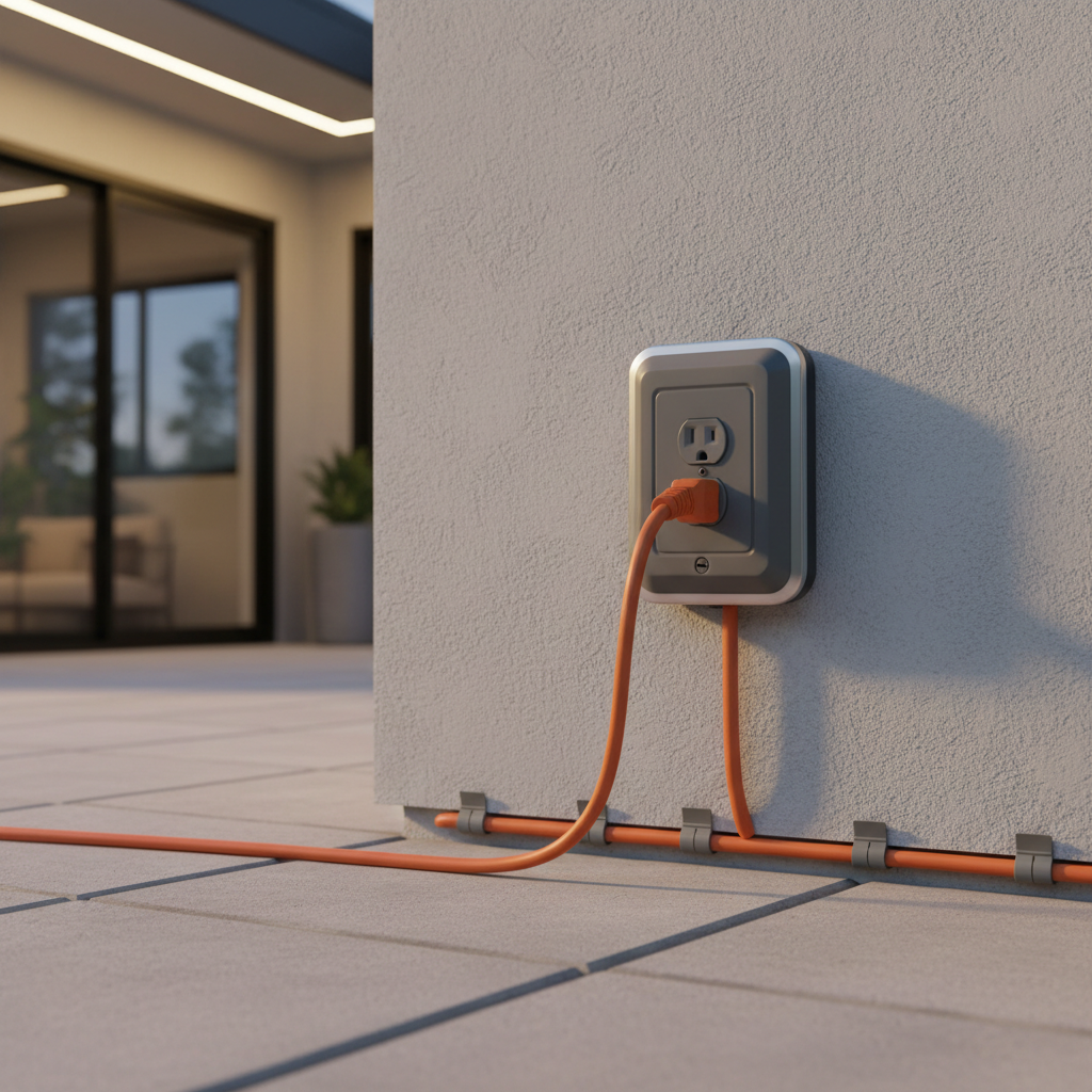 Outdoor-rated extension cord and weatherproof outlet cover for patio lighting