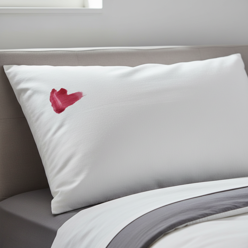 Lipstick stain on a white pillowcase before cleaning