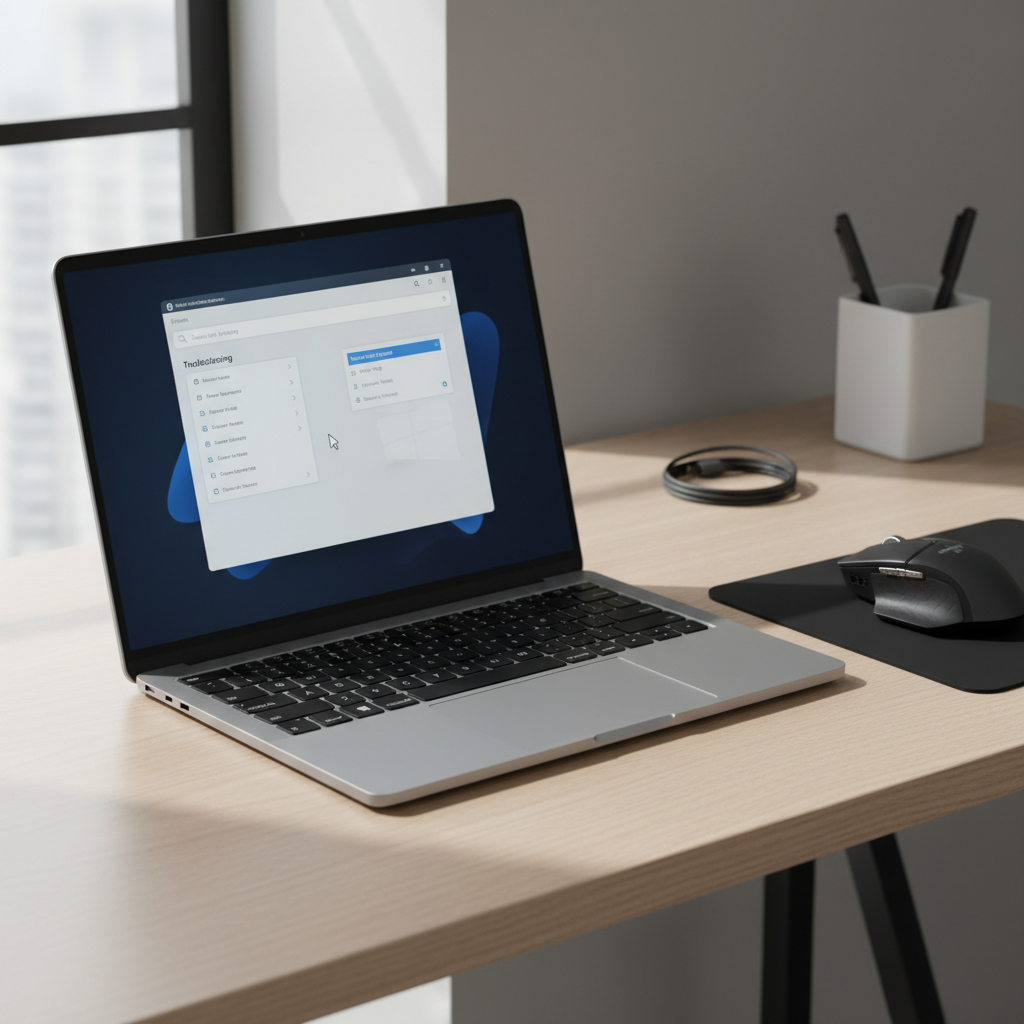 Windows laptop with wireless mouse showing cursor lag troubleshooting