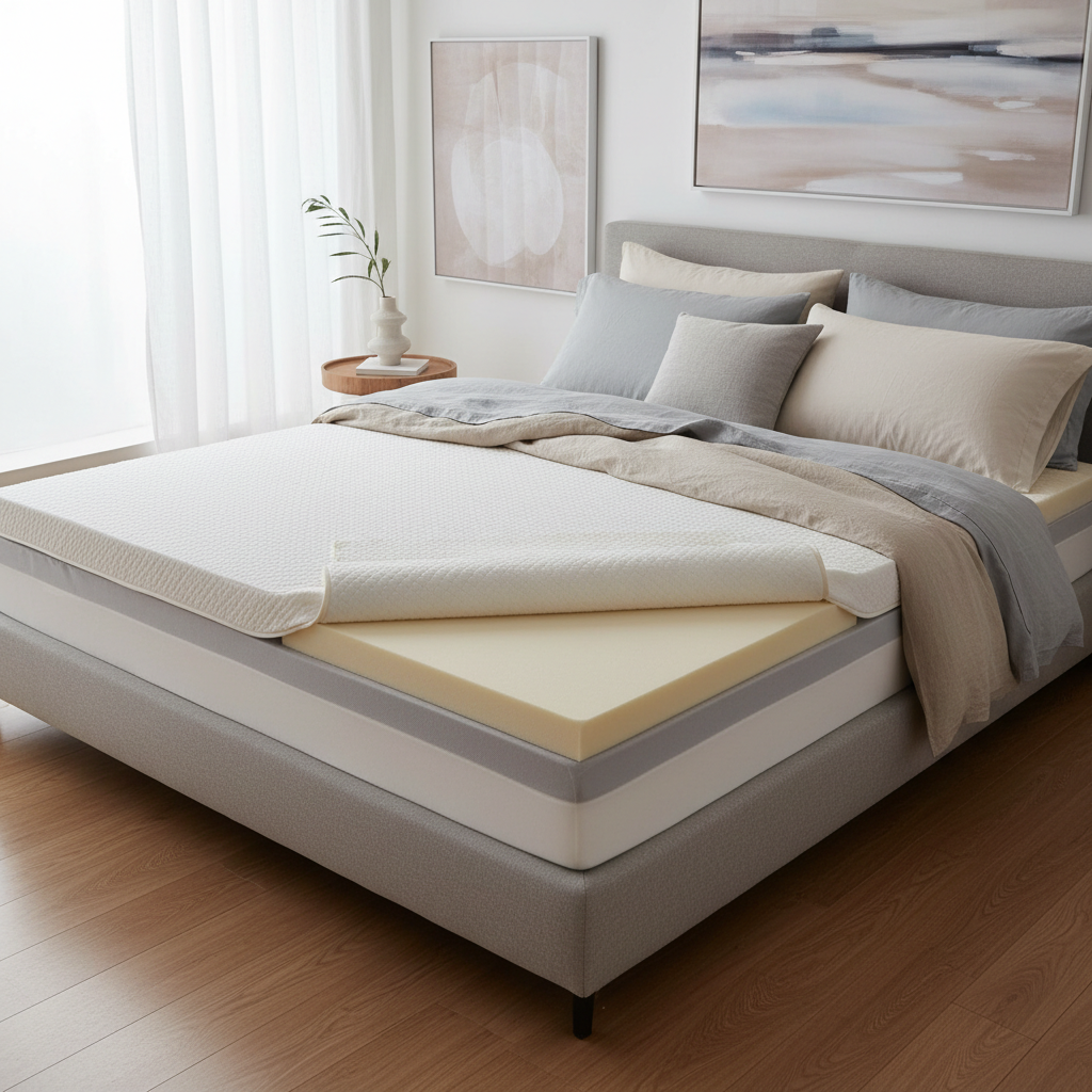 Memory foam mattress topper on a bed showing thickness layers