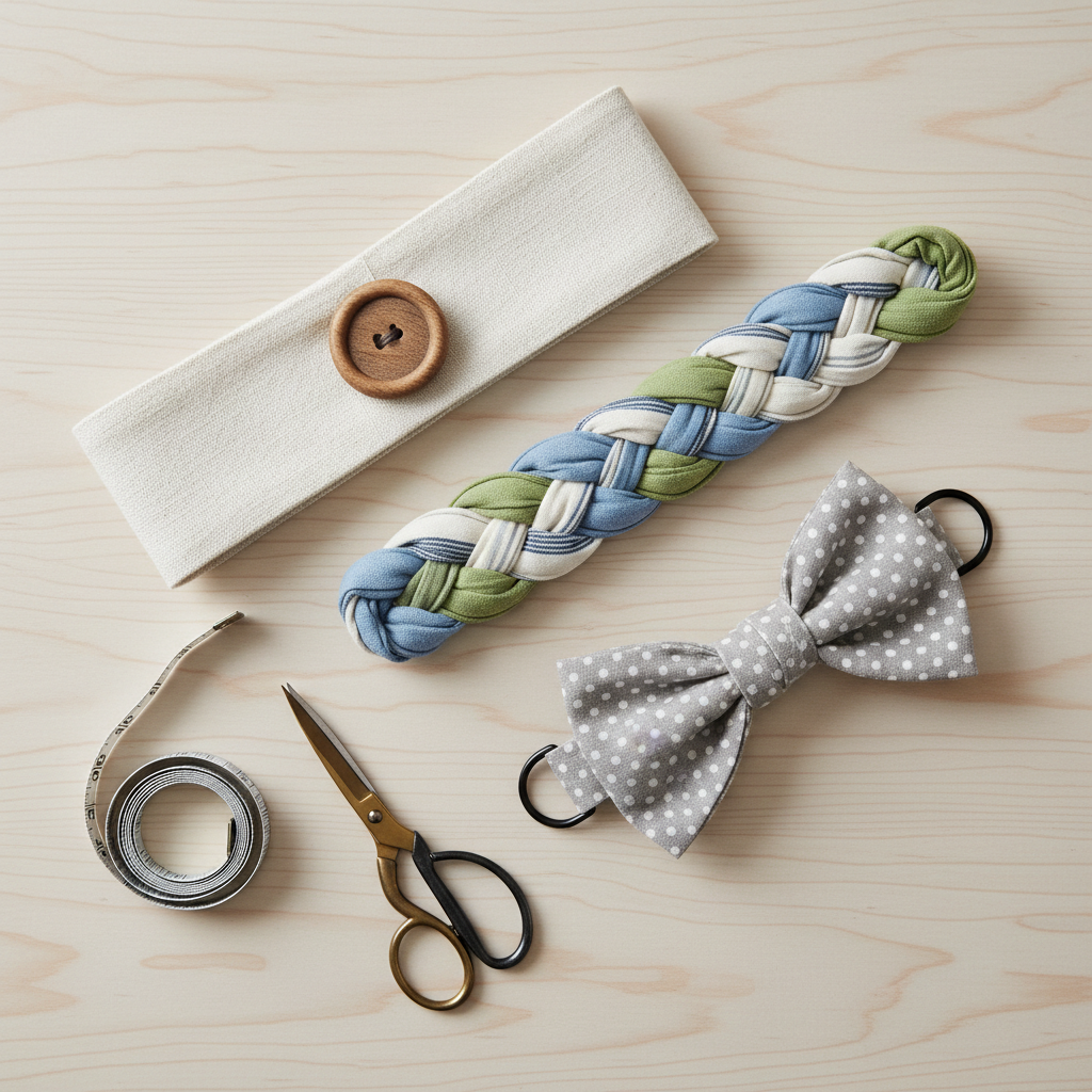 Three styles of diy fabric curtain tie backs for window decor laid out on a table