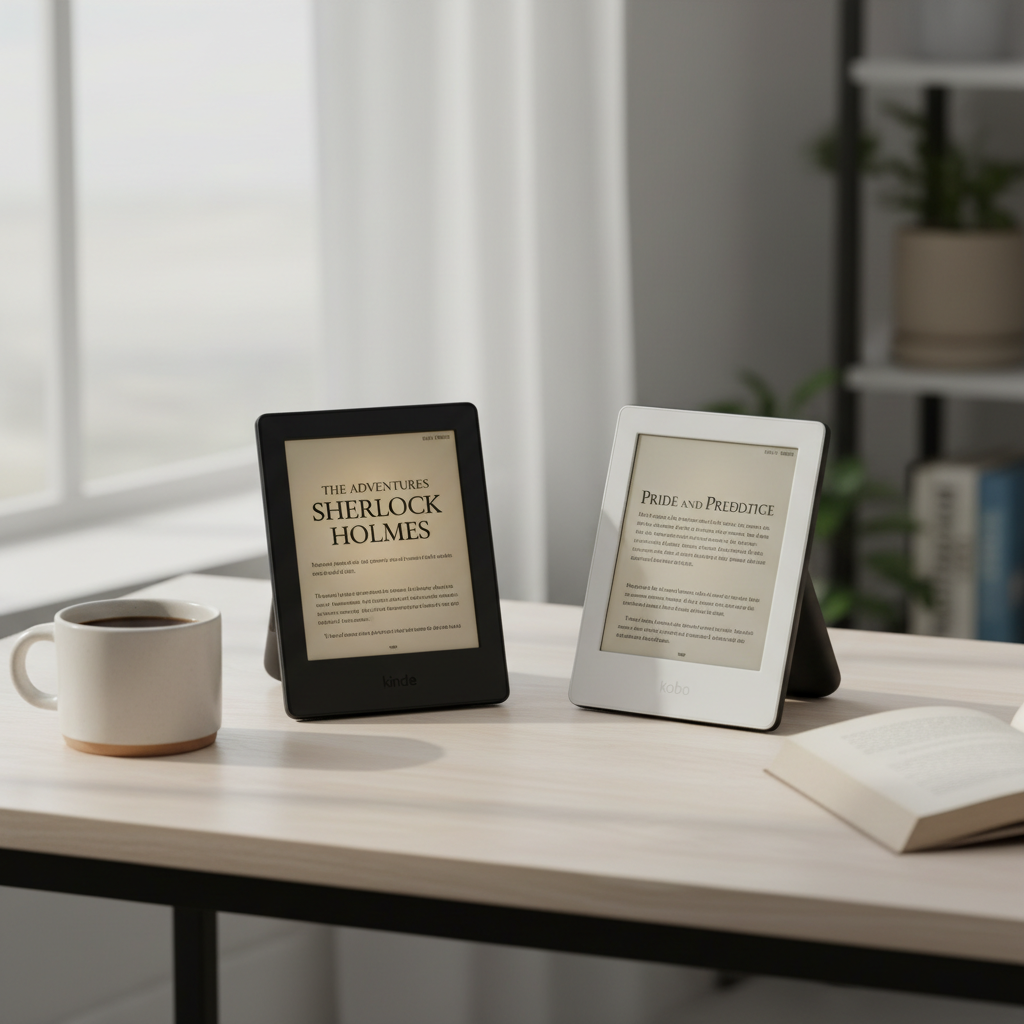 Budget e-reader comparison on a desk with Kindle and Kobo style devices