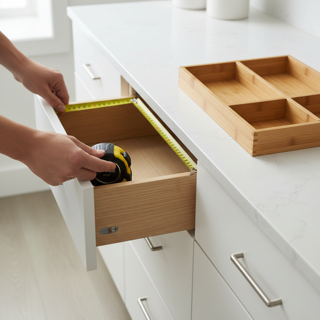 Measuring a kitchen drawer for an expandable bamboo organizer