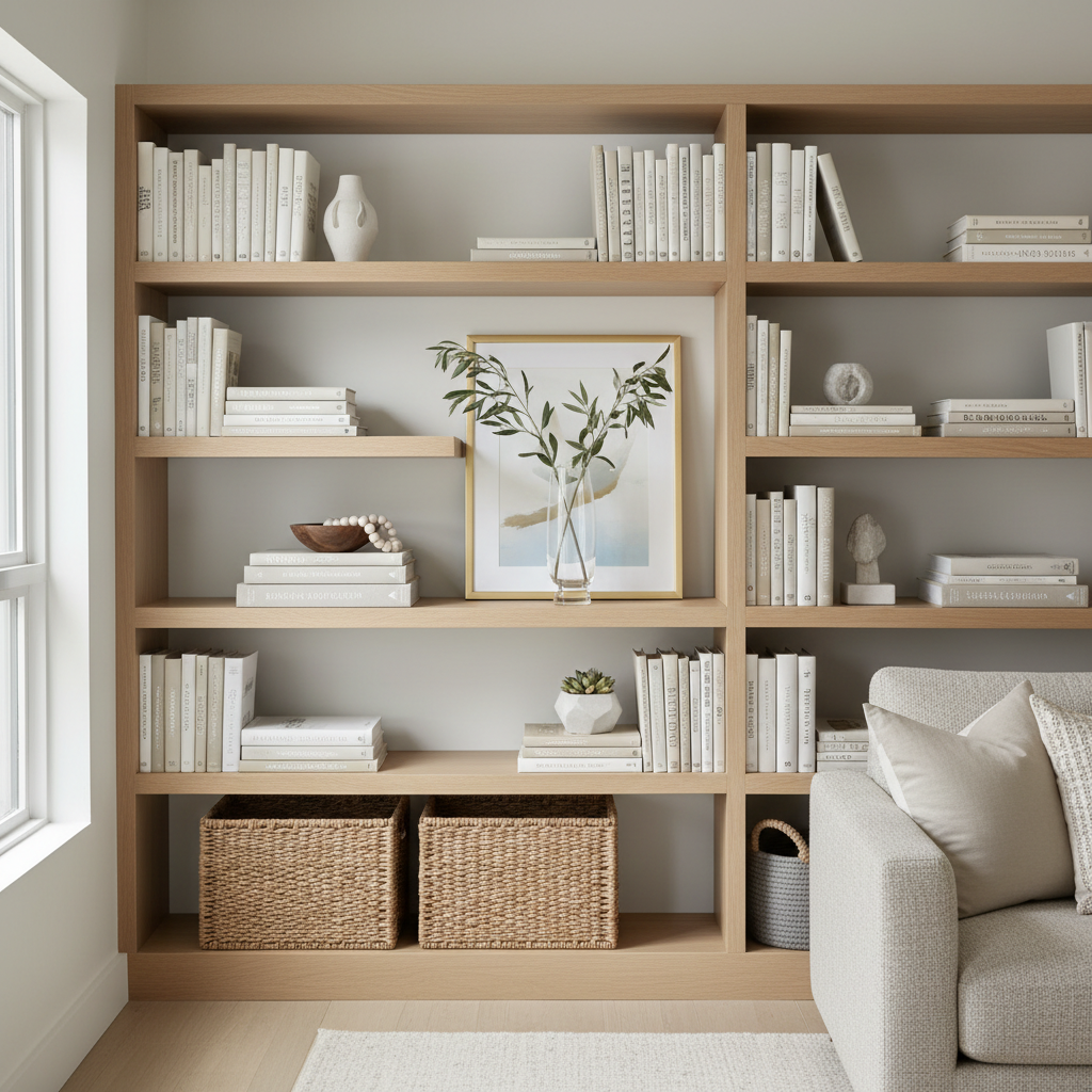 Step-by-step decorative bookshelf arrangement with books, frames, and storage baskets