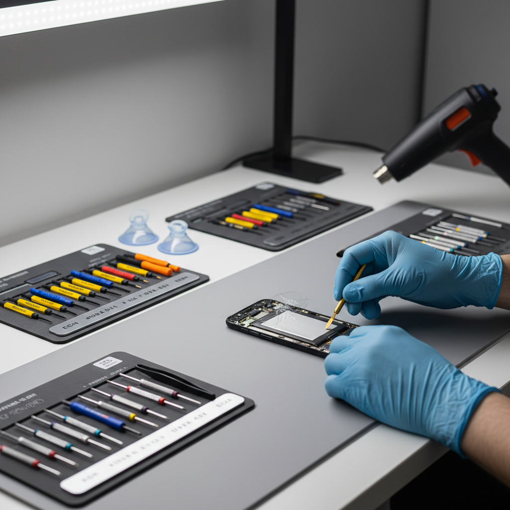 Technician replacing smartphone battery in repair shop
