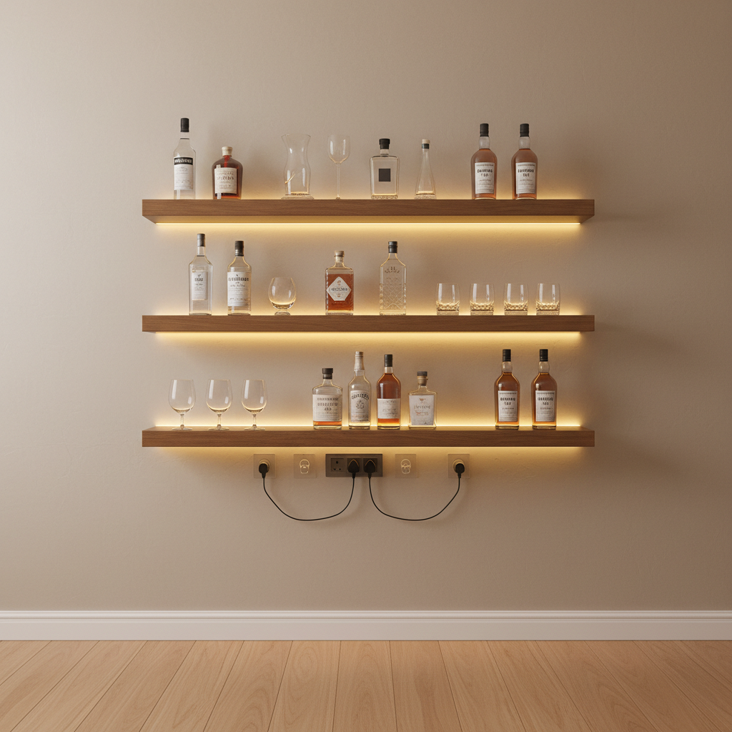 LED-lit wall shelves for a small space home bar with tidy cable management