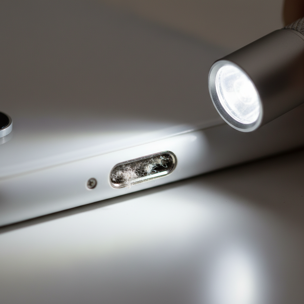 Close-up view of iPhone charging port with lint buildup under light