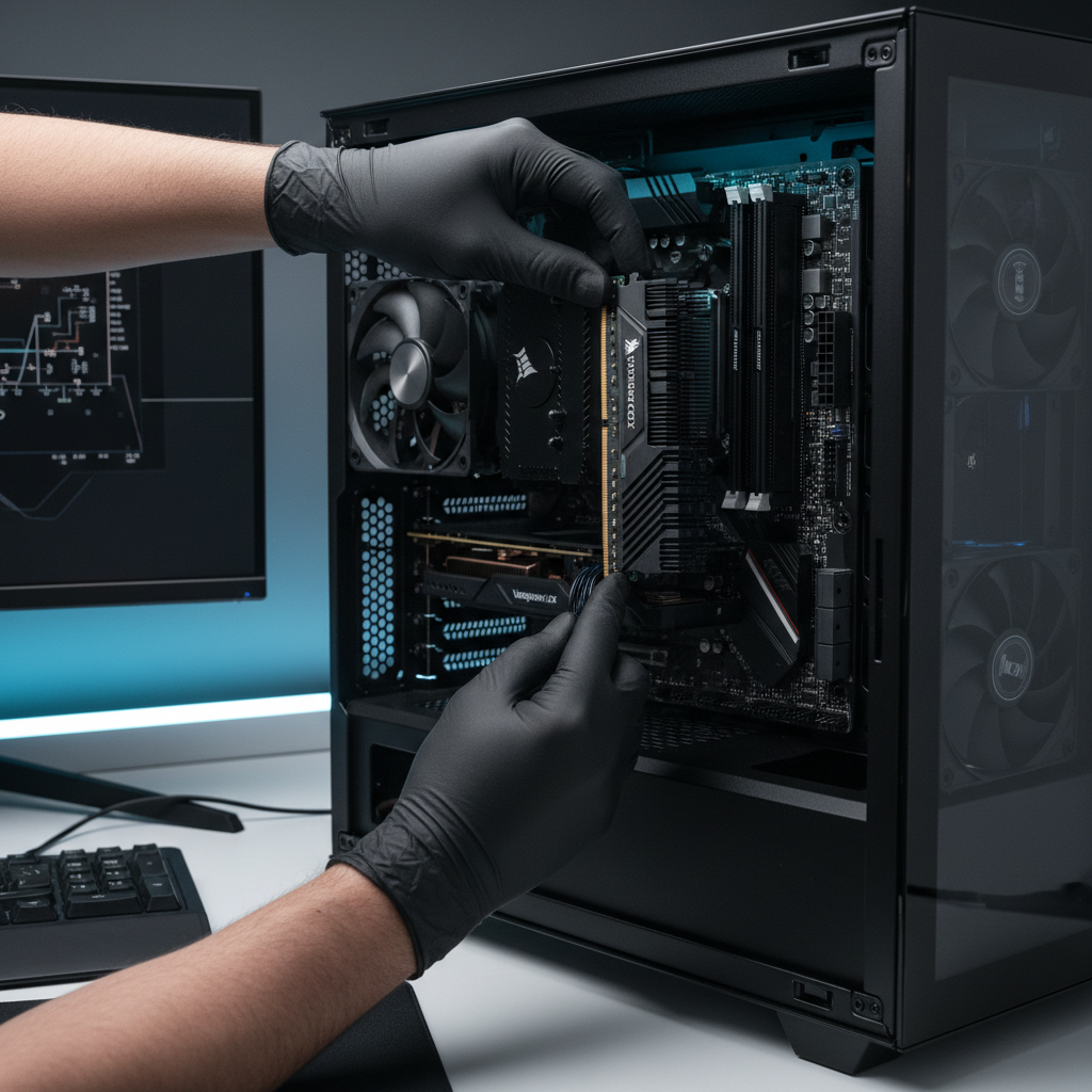 Hands installing a DDR4 RAM stick into a desktop motherboard DIMM slot