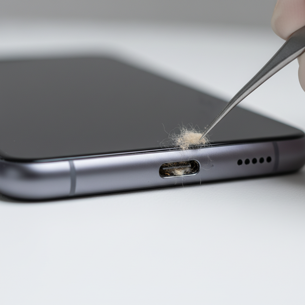 Close-up of a USB-C charging port with dust and lint being inspected