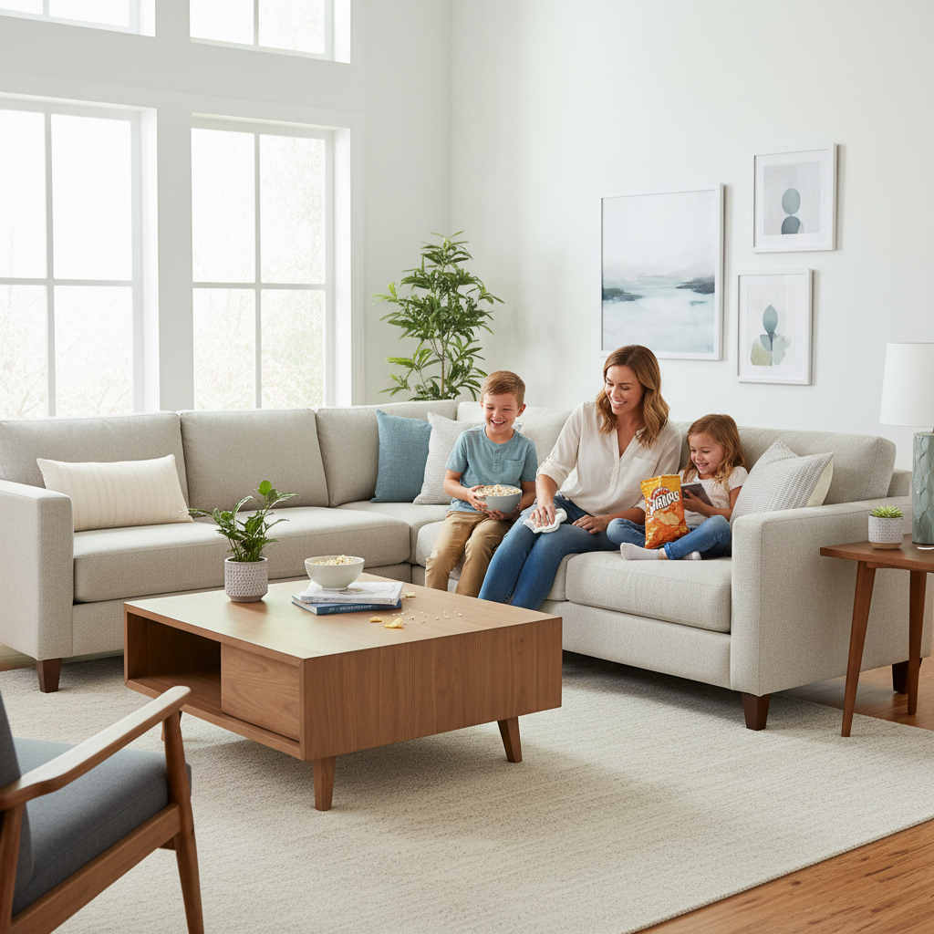 Family living room with stain-resistant fabric sofa and kids