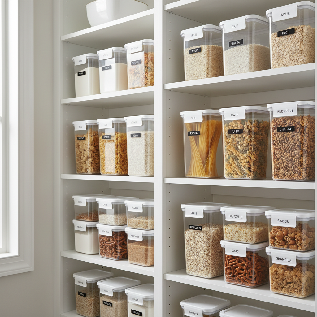 Neat pantry shelves using stackable plastic containers with labels
