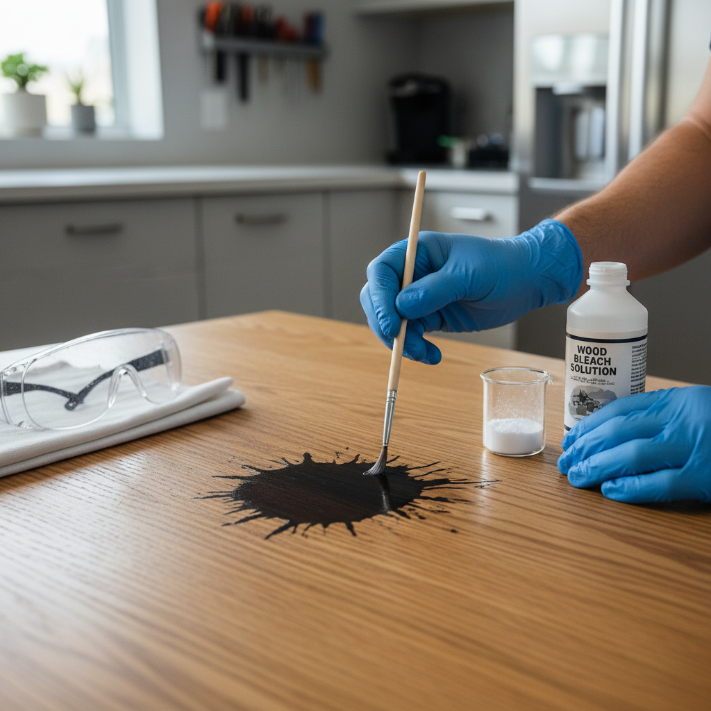 Applying oxalic acid solution to a dark water stain on a wooden tabletop with gloves