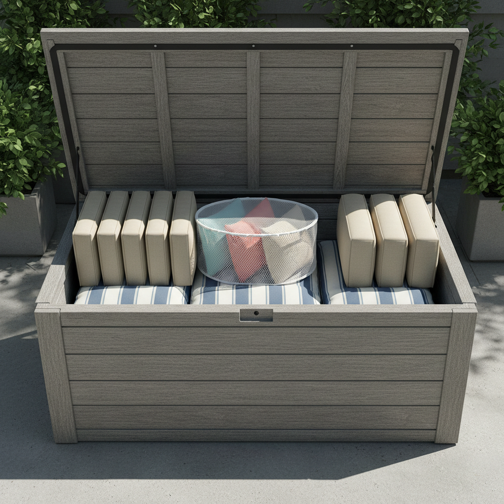 Organized storage box layout with cushions stacked by size and use frequency
