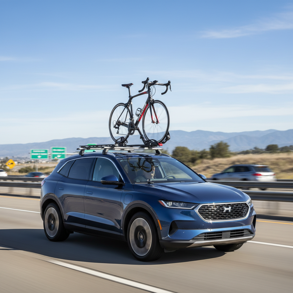 SUV with roof rack and bike mounted on highway travel