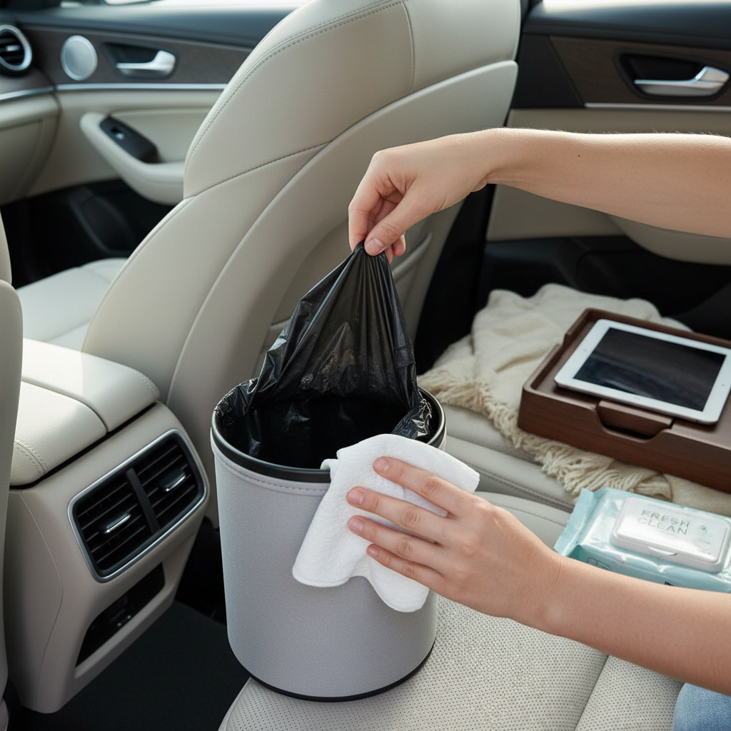 Cleaning a waterproof liner in a car trash can to prevent odors in the back seat