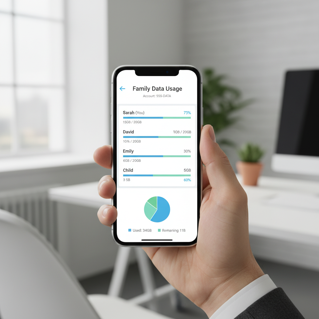 Carrier mobile app showing data usage for multiple lines on a family plan