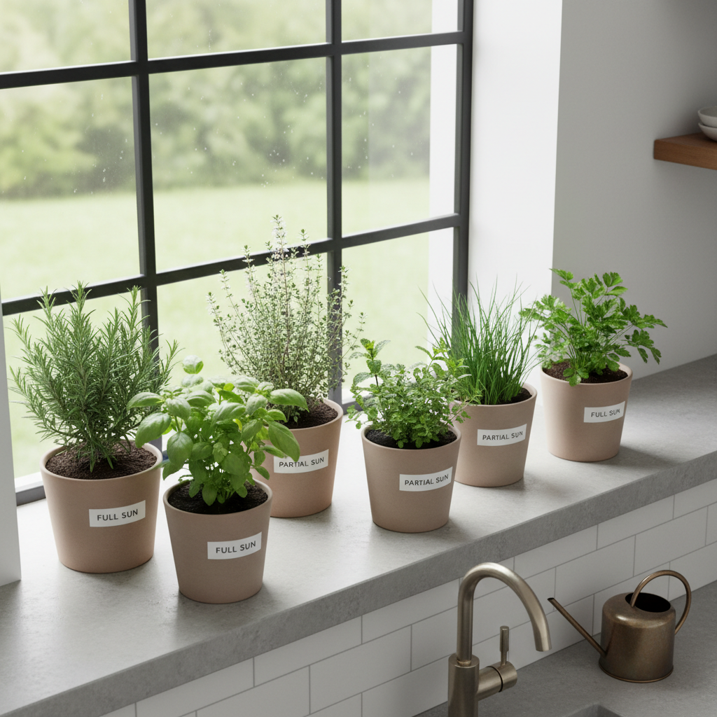 Kitchen window herb grouping by sunlight needs with labeled pots