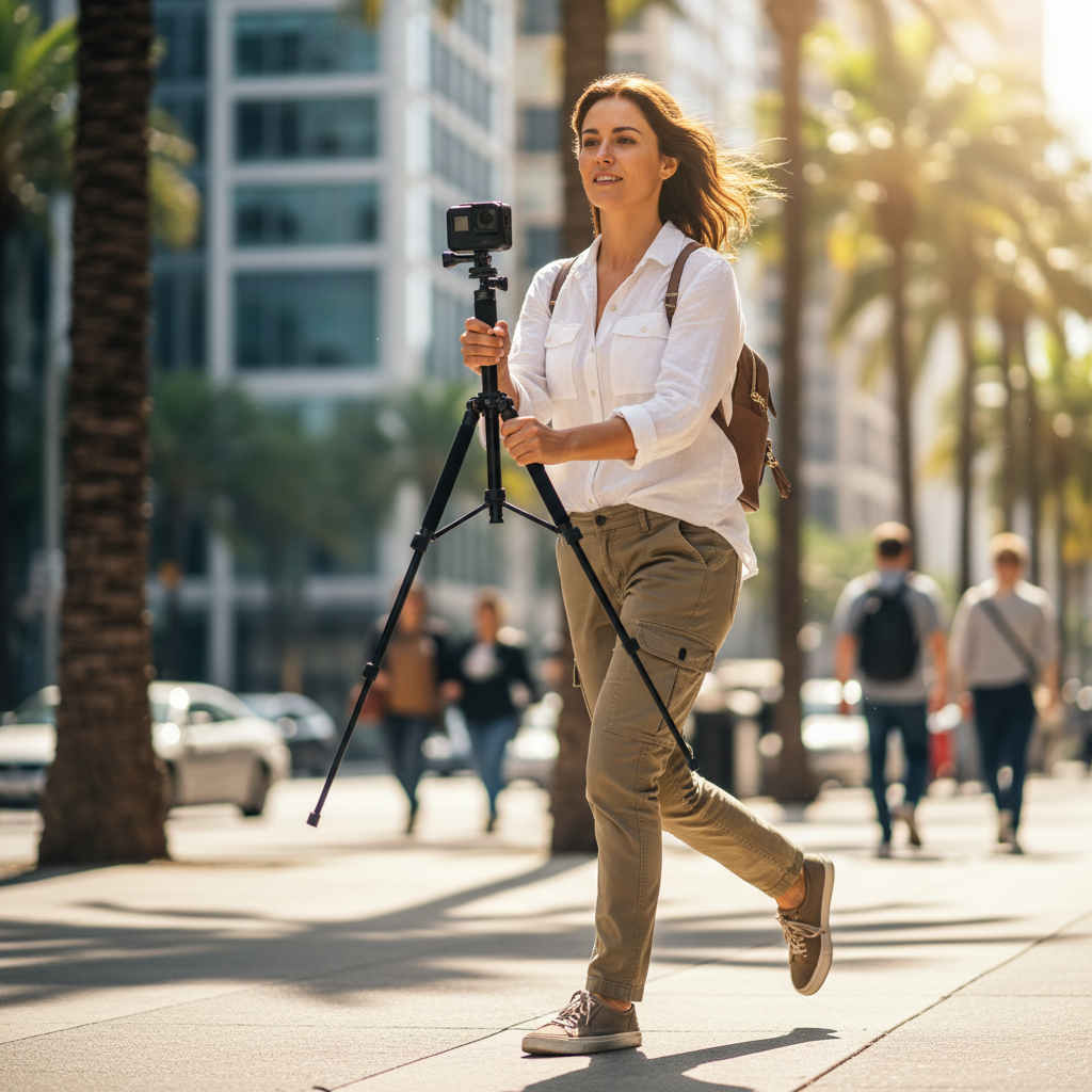 Travel vlogger using an action camera on a small handheld tripod while walking