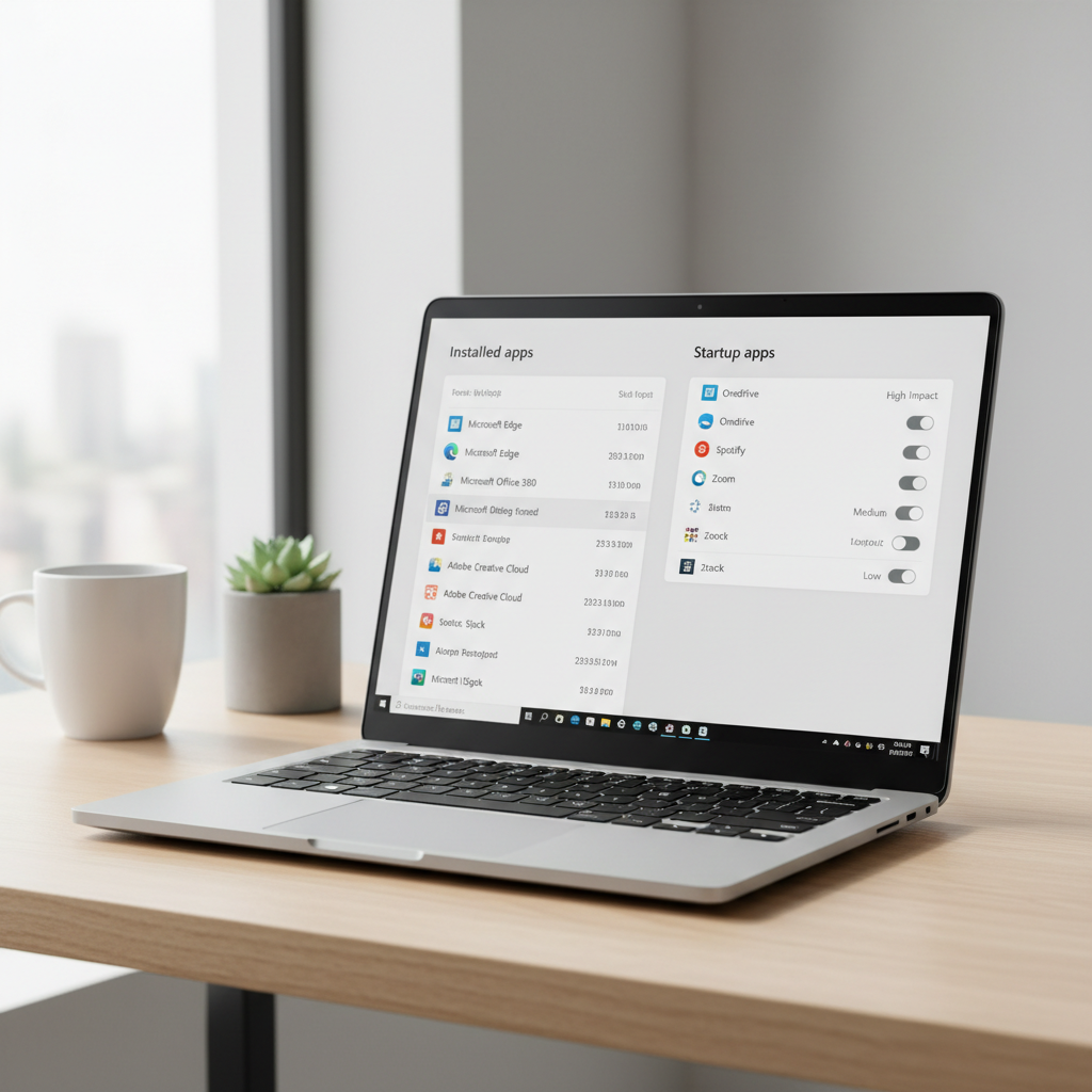 Windows 11 laptop showing installed apps list and startup settings for removing bloatware