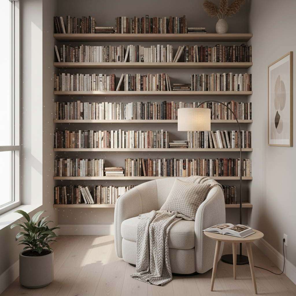 Small space home library corner with floating shelves and reading chair