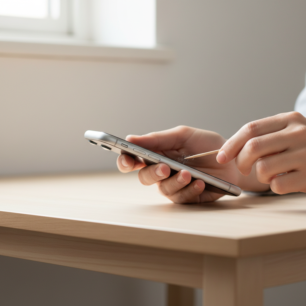Person gently removing lint from iPhone charging port with a wooden toothpick