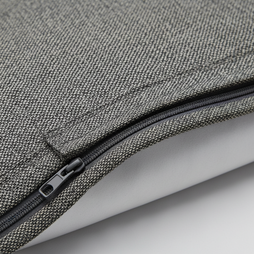 Close-up of waterproof outdoor cushion cover fabric showing coating and zipper