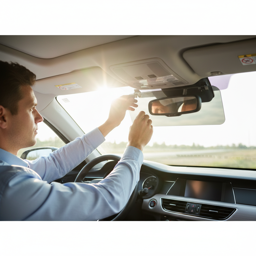 Driver using a sun visor extension to reduce windshield glare