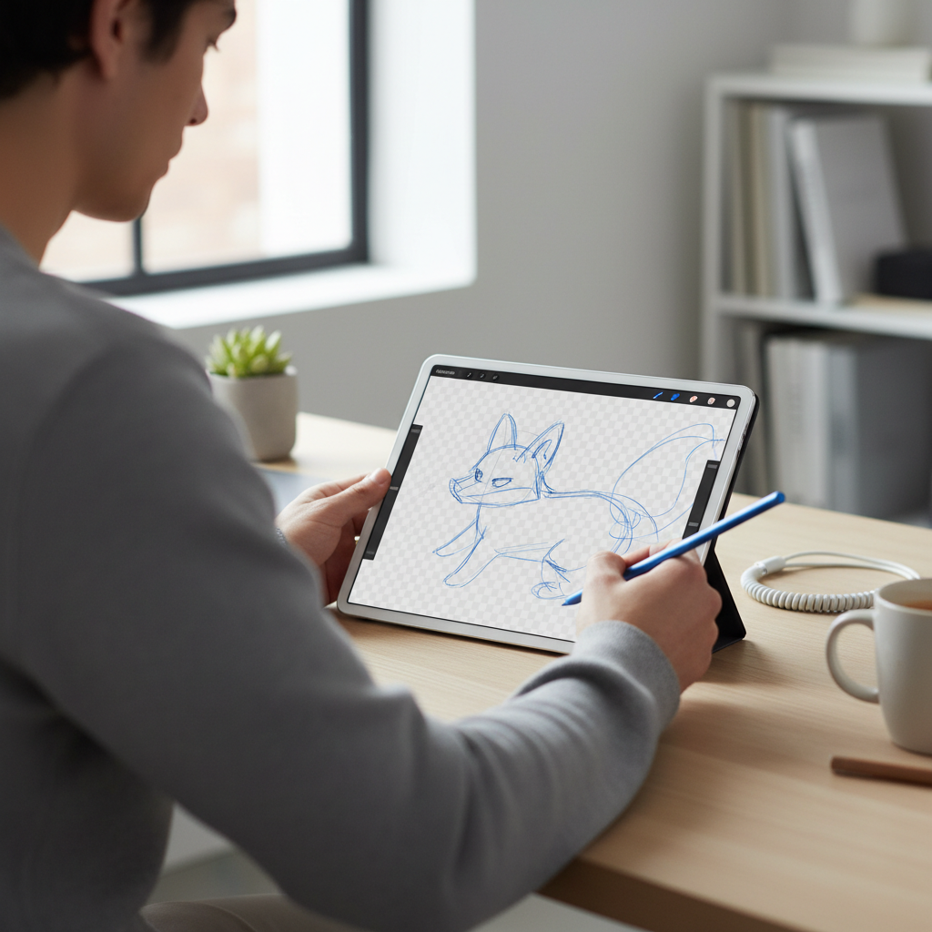 Digital artist sketching with a budget stylus and a tablet drawing app on a clean desk