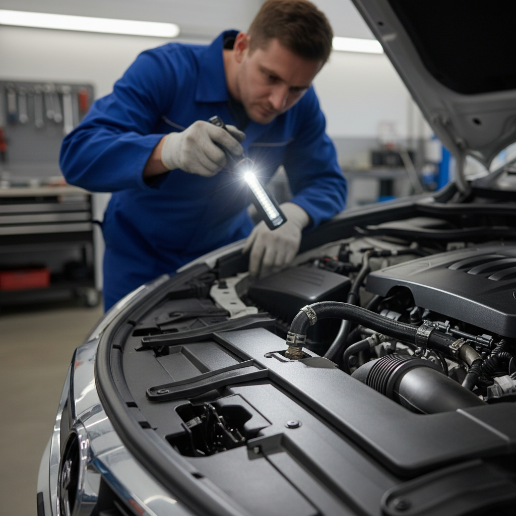 Power steering hose leak inspection with flashlight under hood