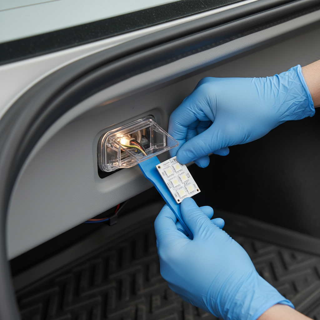 Installing an LED trunk light with a trim removal tool in a car cargo area