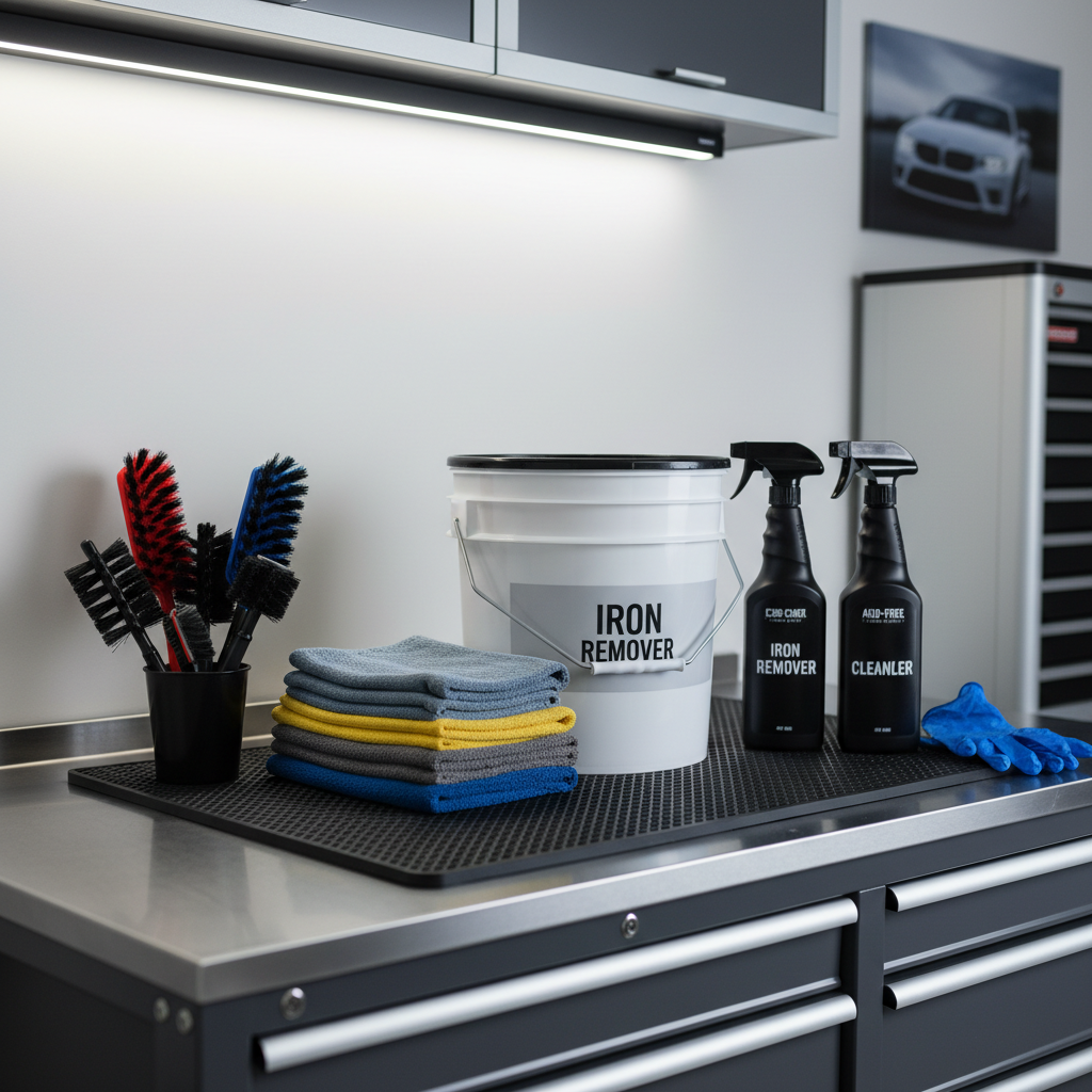 Detailing supplies laid out for wheel cleaning including wheel brushes and iron remover