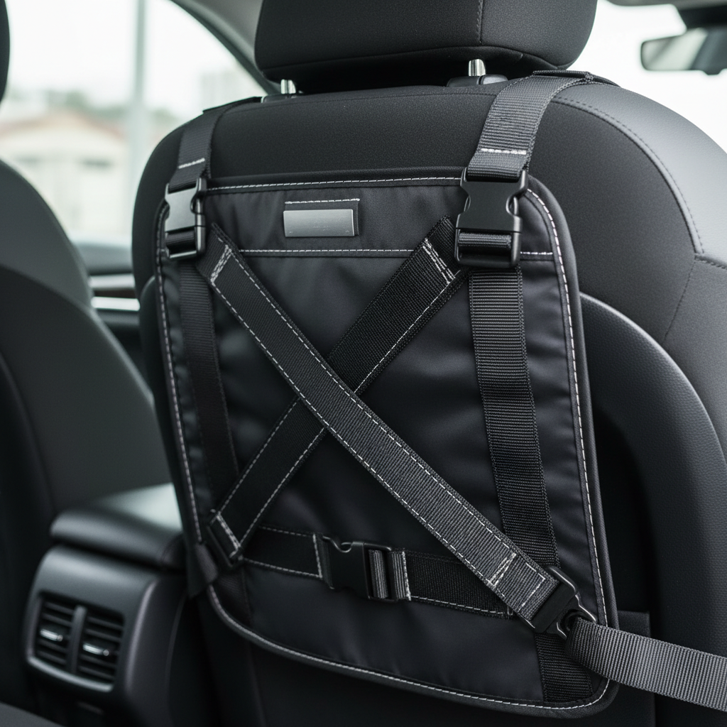 Close-up of durable straps and buckles on a folding car seat back organizer
