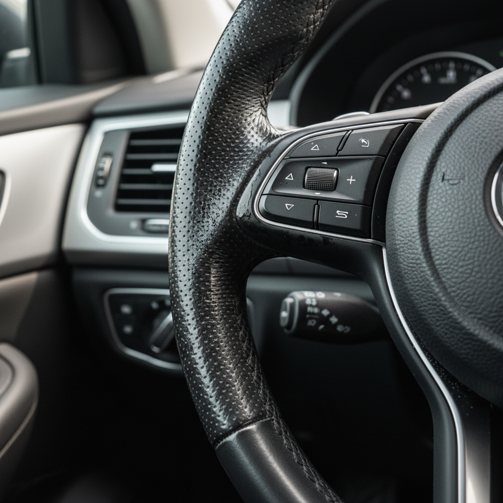 Close-up of a dirty leather steering wheel with shiny oil buildup