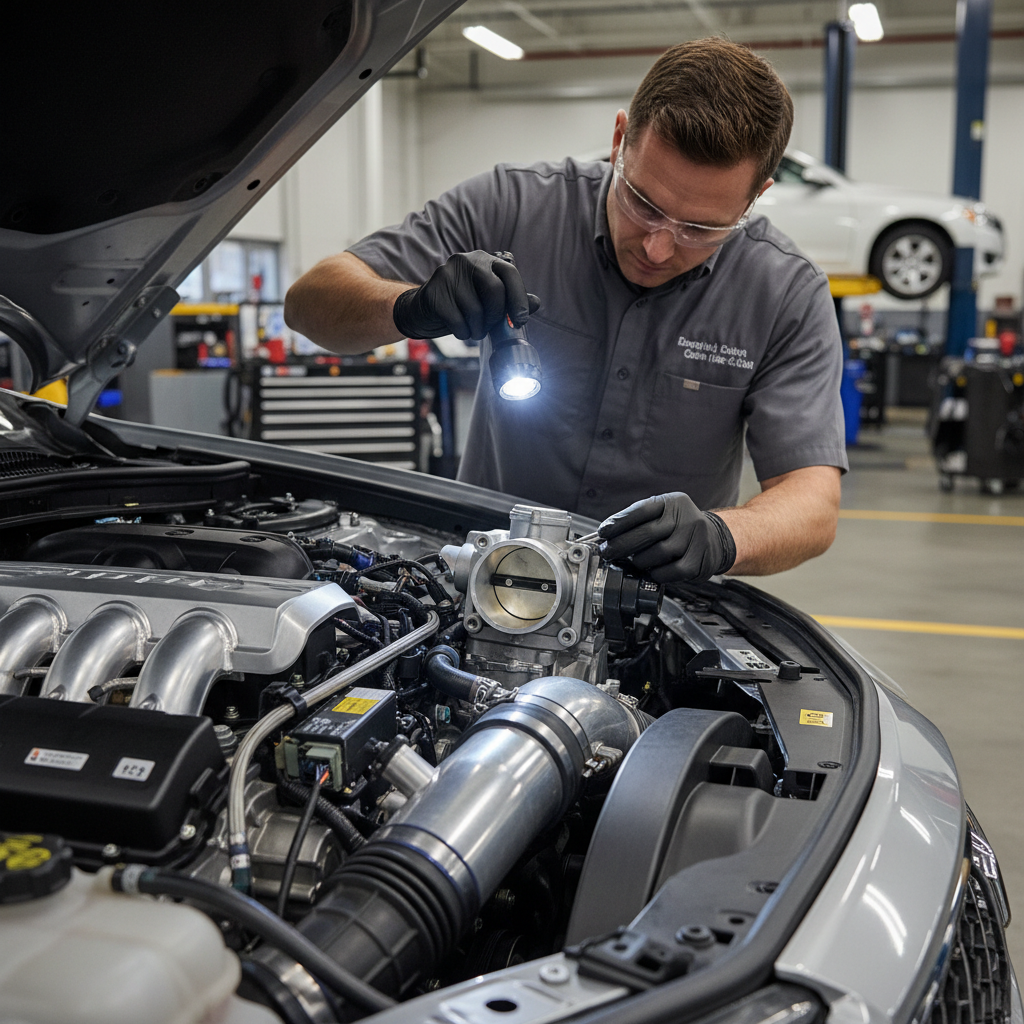 Mechanic inspecting throttle body inside engine bay with flashlight