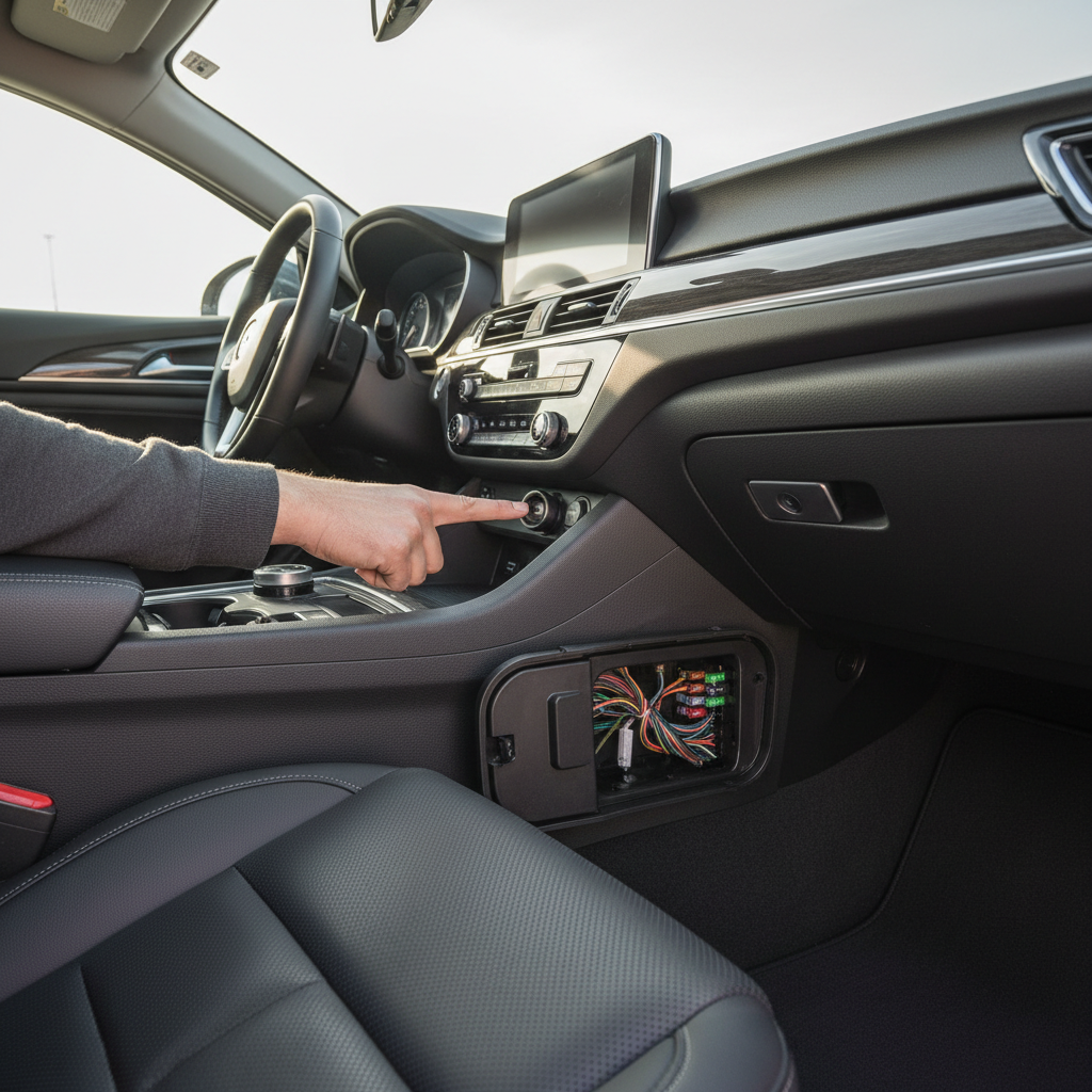 Driver checking a car power outlet and fuse panel for a cigarette lighter issue