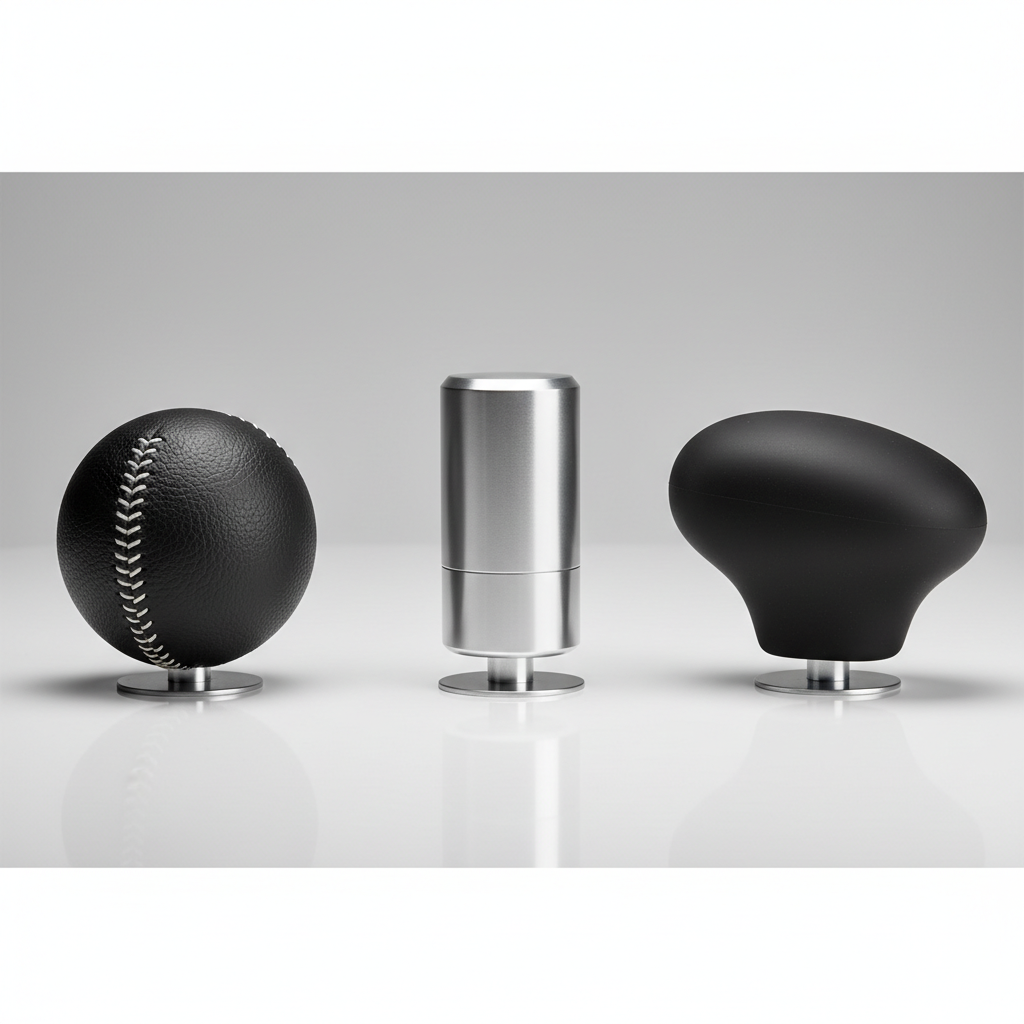 Comparison of leather, aluminum, and silicone gear shift knob materials on a tabletop