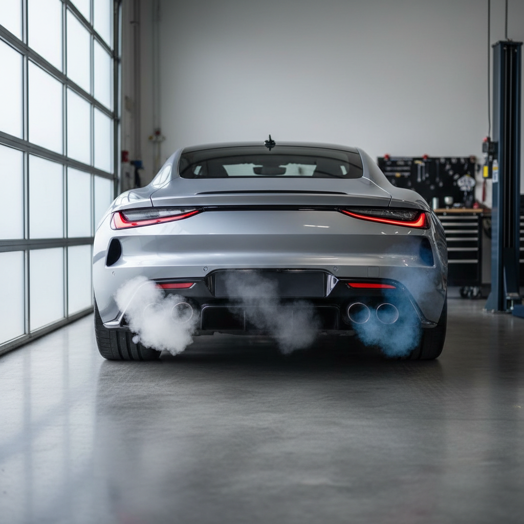 Car tailpipe showing white, black, and blue exhaust smoke colors comparison