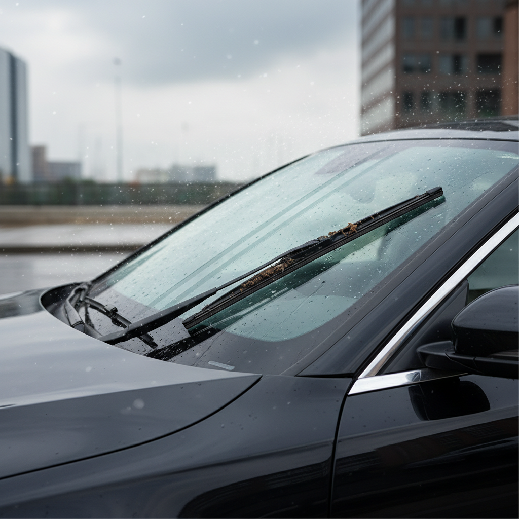 Close-up of dirty windshield wiper blade leaving streaks on glass